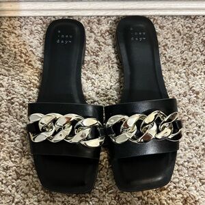 A New Day Black Sandals with Silver Chain Accent